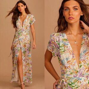 🦋 NWOT LULUS Feels Magical Ivory Floral Print Short Sleeve Wrap Maxi Dress